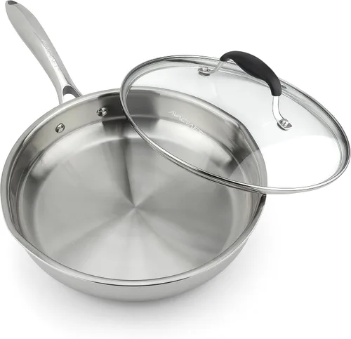 AVACRAFT - Sartén de acero inoxidable 18/10 de 10 pulgadas con tapa, boquillas laterales, inducción, sartén de acero inoxidable versátil