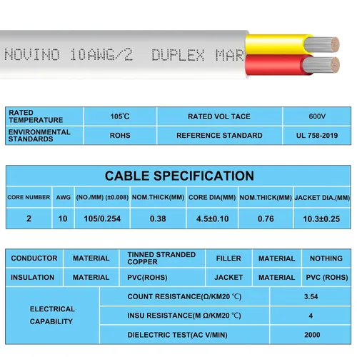 Miniatura 6 de Cable marino de calibre 10, cable dúplex de grado marino, 10/2 AWG de cobre estañado de 30 pies, sin oxígeno, aislado, rojo y amarillo, cable