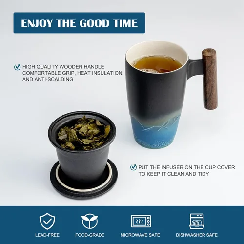 Miniatura 3 de suyika Tomotime - Taza de té de cerámica con infusor y tapa, asa de madera, 13.5 onzas (400 ml) Negra cian 01-negro y azul