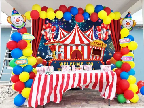 Miniatura 8 de Telón de fondo de circo de carnaval de 7 x 5 pies, carpa de circo, telón de fondo para fiesta, carrusel, taquilla, fondo para niños, niños, bebés