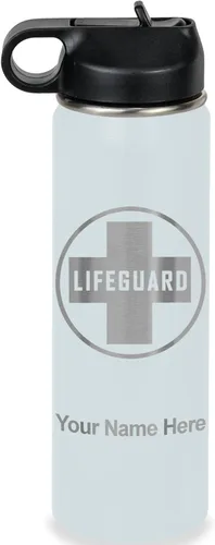 Miniatura 36 de LaserGram Botella de agua personalizada, salvavidas, acero inoxidable de doble pared aislada al vacío con popote superior, regalo grabado Negro
