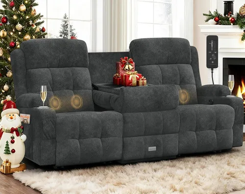 Miniatura 31 de Sofá reclinable de dos plazas, sofá reclinable de masaje de gran capacidad, silla de dos plazas para RV con espacio de almacenamiento, portavasos