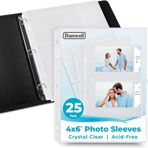Dunwell - Recambios para fundas de fotos, 3 anillas, bolsillos transparentes para fotos con ranuras para notas, capacidad para fotos de 4 x 6,