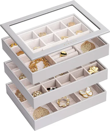 Vlando - Bandeja organizadora de joyas apilable, de gran capacidad, organizador de cajones, bandeja de exhibición, caja para anillos, aretes,