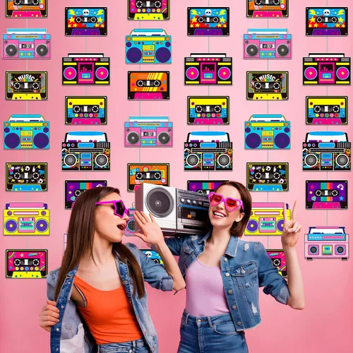 Miniatura 5 de Guirnalda de cinta de casete y caja de pluma, 6 unidades de decoraciones de fiesta de los años 80, cinta de casete de radio retro, guirnalda