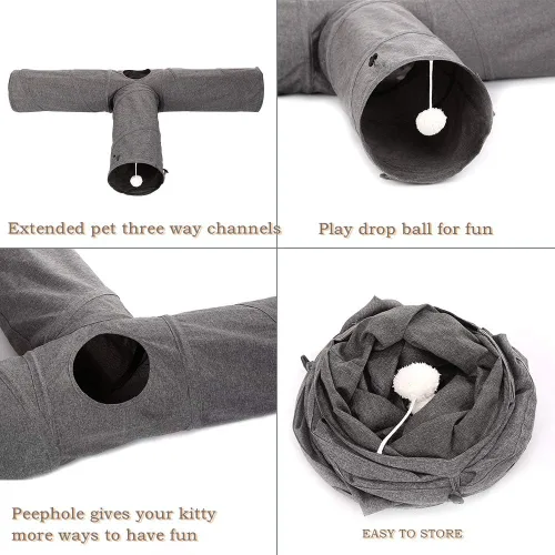 Miniatura 9 de Ownpets Túnel para gatos, túnel plegable de 3 vías, tubo para gatos de 47 pulgadas de largo con bola de felpa y juguete de plumas, túnel de juego