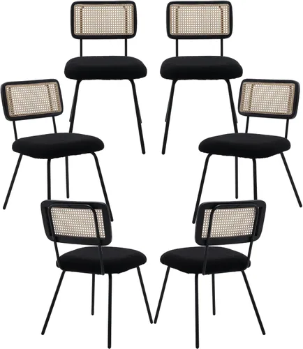 Miniatura 9 de Juego de 2 sillas de comedor de ratán, sillas de comedor de caña tapizadas de sherpa negro con respaldo de ratán, sillas de comedor tejidas
