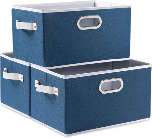 Miniatura 24 de PRANDOM Contenedores de almacenamiento plegables más grandes para clóset [5 unidades] cestas decorativas de tela de lino con asas de cuero y metal