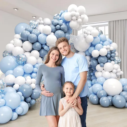 Miniatura 4 de Kit de arco de globos azules y blancos de 134 piezas, globos azules y blancos con confeti azul polvoriento para aniversario, revelación de género