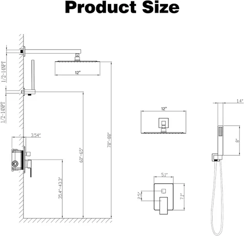 Miniatura 7 de ESNBIA - Sistema de regadera, estilo lluvia de 12 pulgadas para baño con juego combinado de mano, sistema dual de alta presión montado en la pared