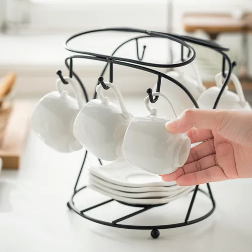 Miniatura 5 de LYEOBOH Juego de tazas de café expreso con platillos, tazas de café de porcelana y soporte de metal y cucharas, tazas pequeñas Demitasse