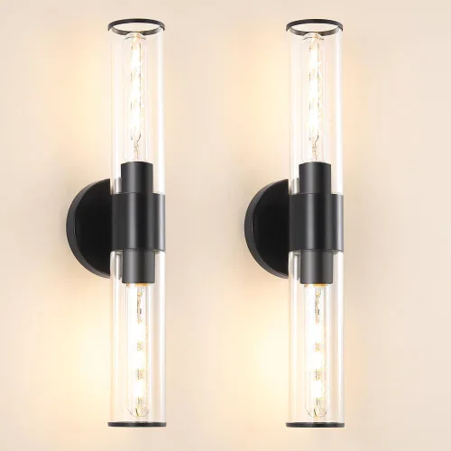 Miniatura 8 de Juego de 2 apliques de pared de níquel cepillado (solo cableado), lámparas de tocador de baño, modernas luces de pared cilíndricas de vidrio