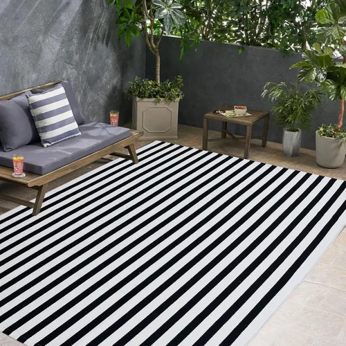 Miniatura 16 de Alfombra para exteriores blanco y negro de 27.5' x 43', alfombra a rayas para porche delantero, alfombra tejida a mano de algodón, lavable a