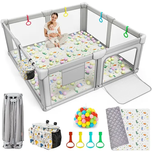 Corralito plegable para bebés con alfombra, corralito de 71 x 59 pulgadas para bebés y niños pequeños, corral de juegos plegable grande, patio de