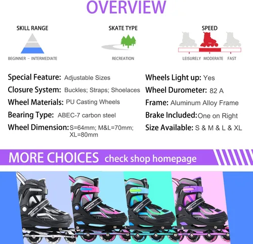 Miniatura 5 de Patines en línea ajustables para niñas y niños, patines con todas las ruedas iluminadas, patines para mujer para niños y adultos, hombres, mujeres