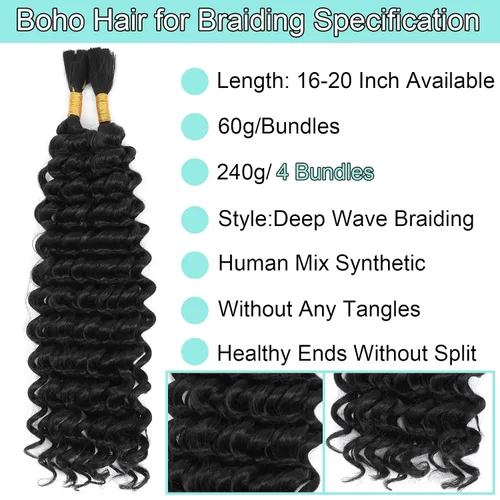 Miniatura 4 de Mezcla de cabello humano para trenzar, cabello sintético rizado bohemio para trenzar, trenzas bohemias de 16 pulgadas, 4 paquetes de 110g/paquete