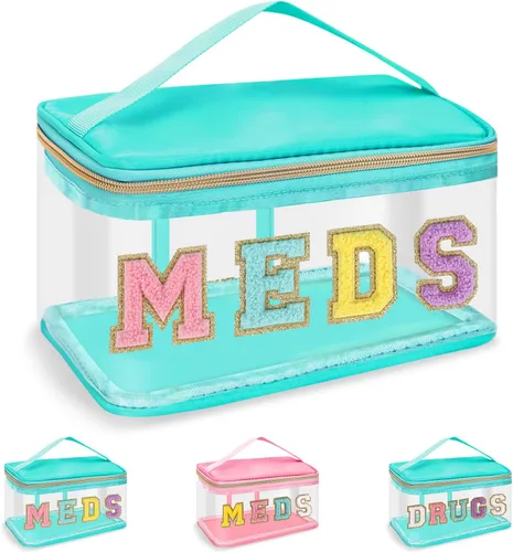 Miniatura 14 de Iqimott Bolsa de parche de felpilla con letras MEDS transparente, bolsa de maquillaje portátil de preparación para mujeres y niñas, viajes, bolsa