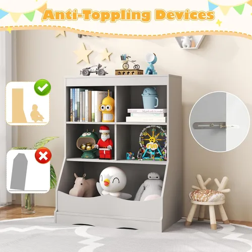 Miniatura 3 de LDAILY Estantería para niños, muebles de dormitorio para niños con 4 cubos, 1 compartimento abierto, estantería de guardería con dispositivo Gris