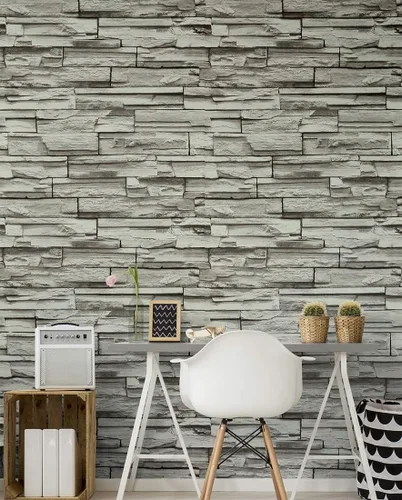 35202 Rollos de papel tapiz de ladrillo sintético, papel tapiz de piedra gris/blanca para dormitorio, sala de estar, bar, hotel, decoración de