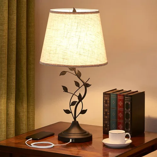 Kakanuo Lámpara de mesa para mesita de noche, lámpara para sala de estar con puertos de carga USB-A y USB-C, lámpara de dormitorio alta tradicional