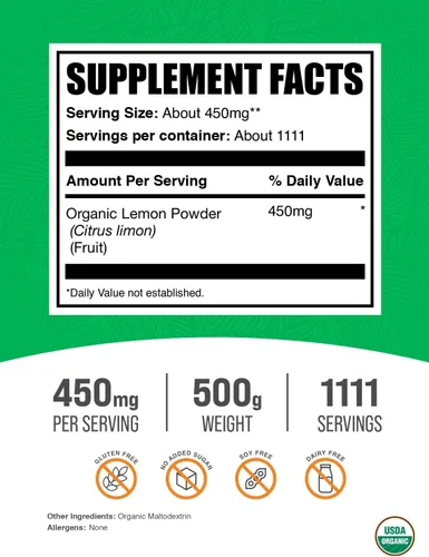 Miniatura 2 de BulkSupplements. com Polvo de limón orgánico – Fuente natural de vitamina C, fruta en polvo, sabor a limón – Sin gluten, 450 mg por porción, 17.64