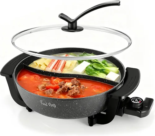 Food Party Olla Caliente Eléctrica con Divisor Hotpot Olla Eléctrica Hopot Cocinador Shabu Shabu Olla 110V 1200W Antiadherente 6-Quart Libre de BPA