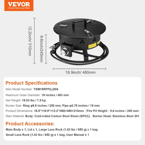 Miniatura 7 de VEVOR Hoguera de propano, Hoguera de gas portátil para exteriores de 19 pulgadas de diámetro con cubierta y piedras de lava, altura de llama