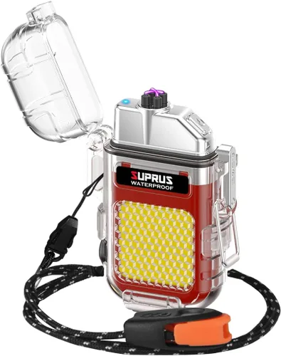 Miniatura 12 de SUPRUS Impermeable 3 modos de linterna a prueba de viento, encendedor de doble arco eléctrico recargable de plasma de doble arco con silbato de Azul