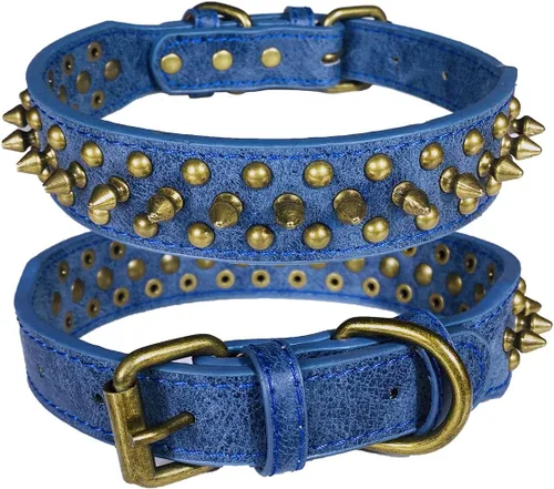 Miniatura 2 de Collar de perro con tachuelas, collar de piel sintética antimordeduras para perros pequeños, medianos y grandes (azul, L)