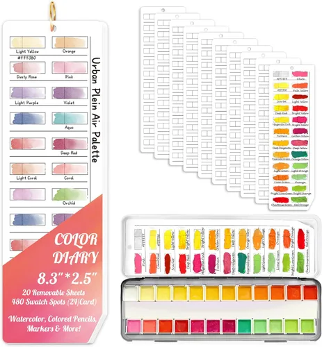 Diario de 20 hojas de colores para pintores con anillo, 24 tarjetas de muestra de papel de acuarela tamaño cacerola, se adapta a paletas de acuarela