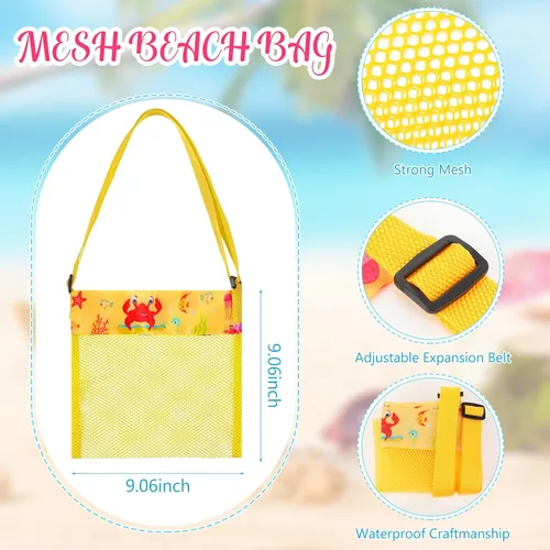 Miniatura 5 de Saintrygo 30 bolsas de playa de malla para niños, juguetes de arena, bolsas de conchas a granel coloridas con correa ajustable (estilo lindo)