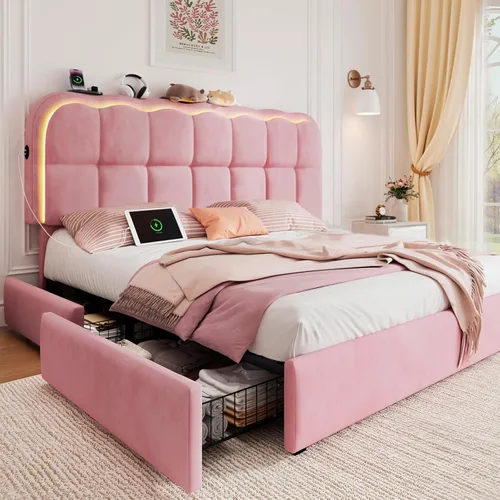 Miniatura 15 de CypBed Base de cama individual con cajones de almacenamiento y cabecero, base de cama LED tapizada de terciopelo para niños, marco de cama de metal