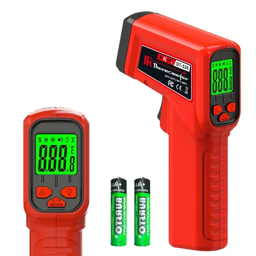 FKM, pistola con termómetro láser, infrarroja, sin contacto, pistola de temperatura, -58 °F ~ 986 °F (-50 °C ~ 530 °C), emissividad ajustable,