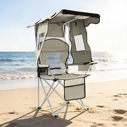 Miniatura 8 de Sillas de camping con toldo, silla de césped portátil cuádruple para adultos, silla reclinable plegable con portavasos para eventos al aire libre