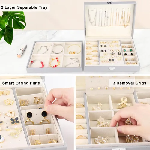Miniatura 5 de LOMEVE Joyero con bandeja extraíble, organizador de joyería de piel sintética para mujeres y niñas, 2 capas organizador de joyas para collares