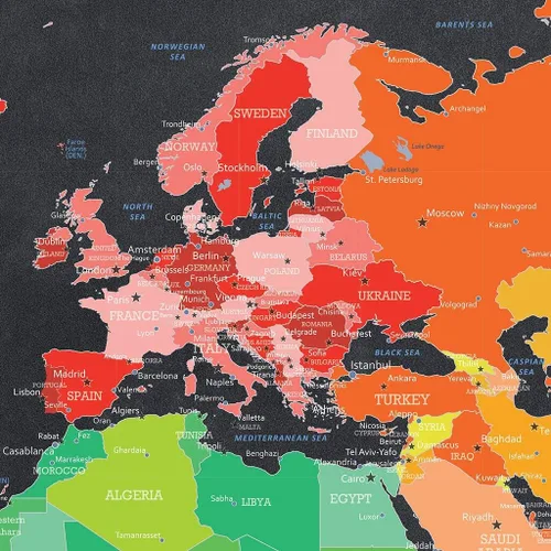 Miniatura 18 de 3 paneles - Mapa de viaje colorido del mundo con alfileres en lienzo envuelto en galería, mapa de pared grande