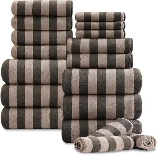 Miniatura 18 de Juego de 18 toallas de baño de rayas color blanco y negro con lazo para colgar, 6 toallas de baño, 6 toallas de mano, 6 toallas familiares, juego