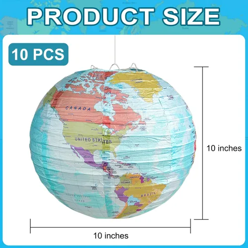 Miniatura 2 de 10 linternas de papel con mapa del mundo, 10 pulgadas, globos de papel, linternas de mapa, decoración de aula, mapa de viaje, linterna de papel