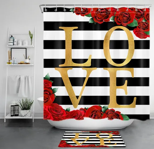 Miniatura 13 de LB Cortina de ducha con diseño de flores rojas y rosas para el día de San Valentín, diseño de hojas verdes y doradas, cortinas de ducha para baño