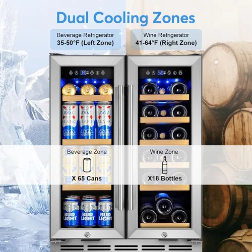Miniatura 3 de FoMup - Refrigerador de vino y bebidas con puerta de vidrio, refrigerador de vino de 24 pulgadas, doble zona debajo del mostrador - 18 botellas y 88