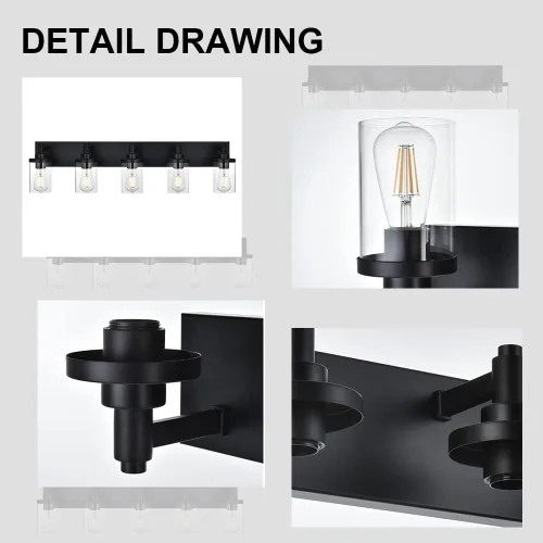 Miniatura 5 de Lámpara de tocador moderna negra para baño, 5 luces de baño, sobre espejo con pantalla de vidrio transparente, lámpara de montaje en pared, luces