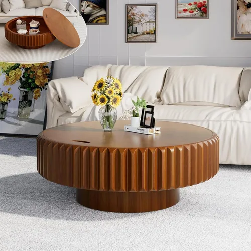 Miniatura 8 de Mesa auxiliar ovalada con almacenamiento, mesa de centro moderna acanalada de 43.3 pulgadas con tapa extraíble para sala de estar, mesa central