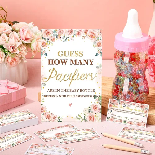 Miniatura 7 de Syhood Floral Baby Shower Games Guess How Many Pacifiers - Cartel de juego 50 pequeños juegos de adivinanzas, 20 lápices HB, botella de leche