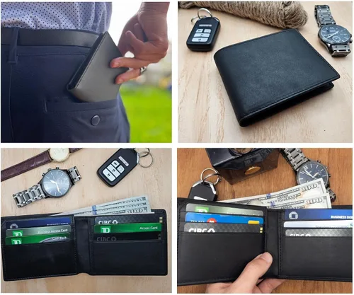 Miniatura 11 de Billetera plegable personalizada de piel auténtica para hombre, con bloqueo RFID, con ventana de identificación, tarjetero de cuero genuino