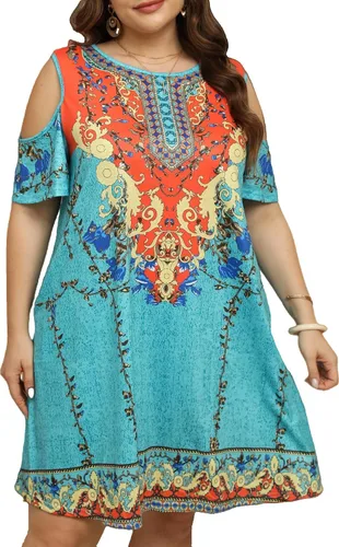 Hbeyyto - Vestido informal de manga corta con hombros descubiertos para mujer, holgado y con bolsillos, talla grande