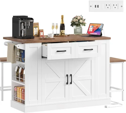 Keyluv Isla de almacenamiento de cocina con 2 taburetes, carrito de cocina móvil de 51.2 pulgadas con hoja de caída y toma de corriente, mesa de
