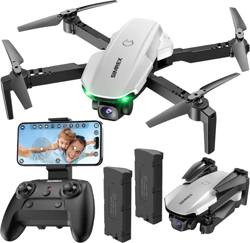 SIMREX Dron con cámara para niños principiantes y adultos – Cuadricóptero RC plegable con retención de altitud, posicionamiento de flujo óptico,