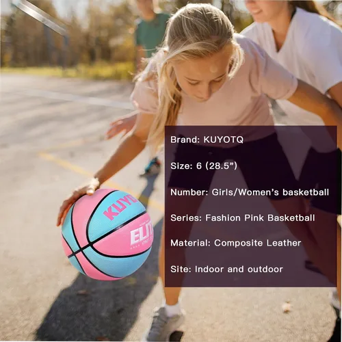 Miniatura 8 de KUYOTQ Balón de baloncesto Elite para niñas y mujeres, talla 6 (28.5 pulgadas), con bomba, de cuero compuesto de alta calidad, juego