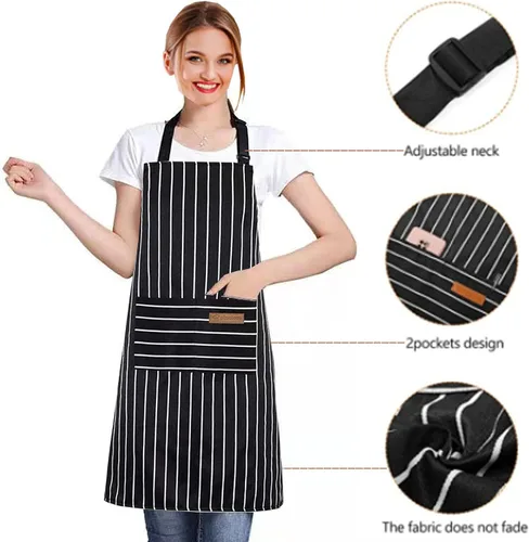 Miniatura 4 de RUIBOLU Delantal ajustable con 2 bolsillos, delantales de algodón para cocinar, para mujeres, hombres, chef restaurante, barbacoa, pintura Rayas