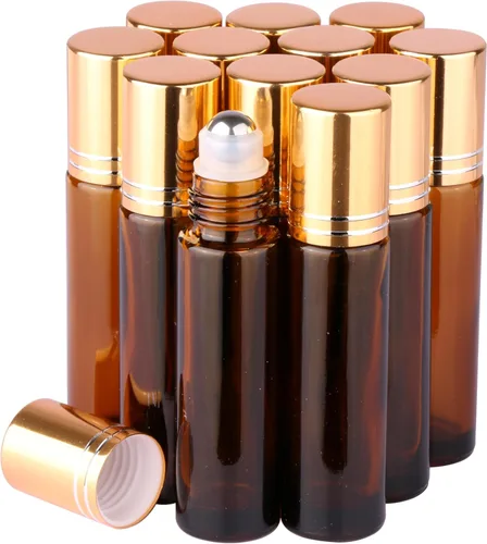 Miniatura 12 de inice 100 botellas de roll-on de 10 ml de vidrio ámbar para aceites esenciales con bolas de rodillo de acero inoxidable y tapa de aleación